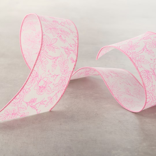 2.5" x 3yd. Wired Pink Floral Faux Linen Ribbon by Celebrate It®